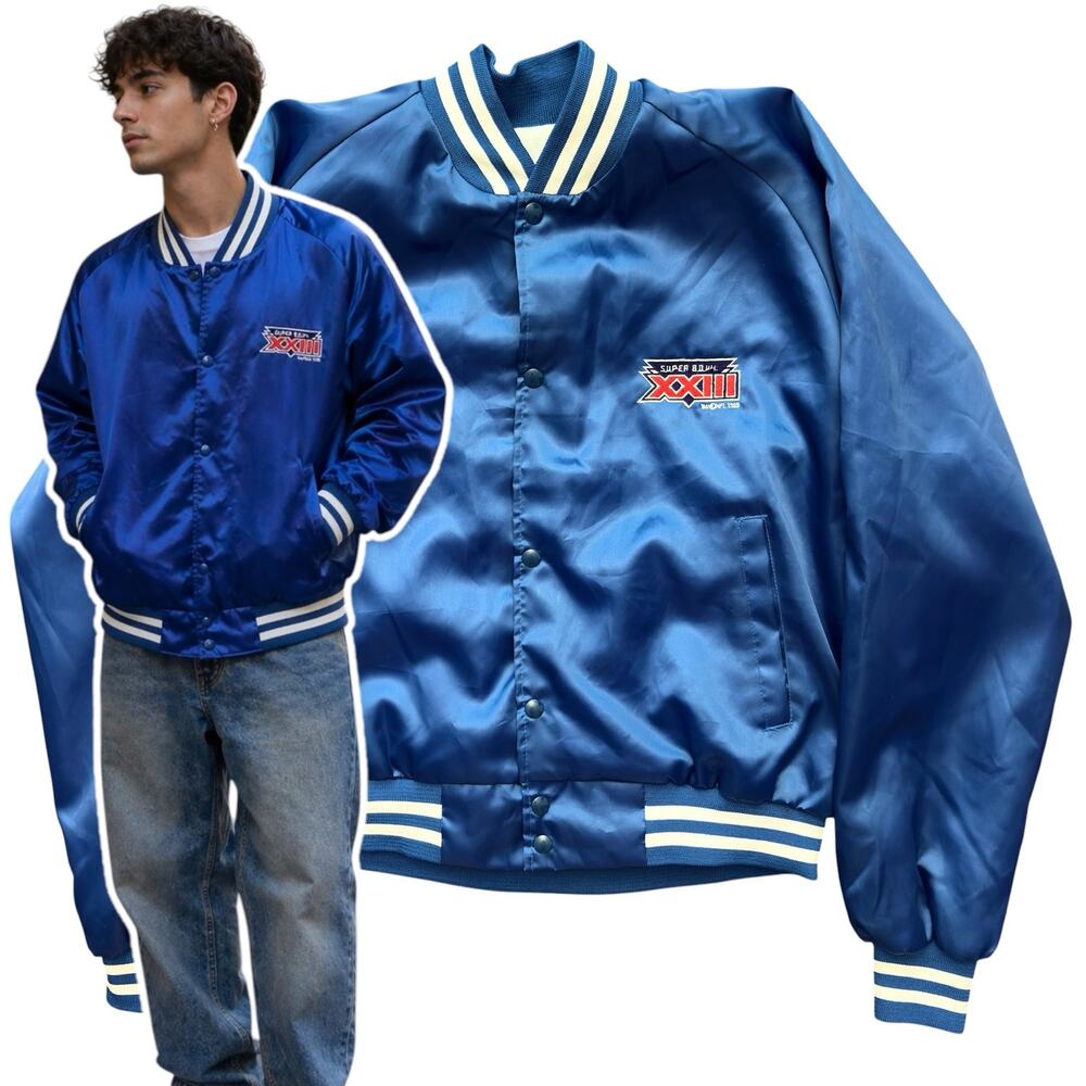 Vtg Super Bowl XXIII Super Bowl Jacket Mens XL 1988 Chalk Line Blue Satin Bomber